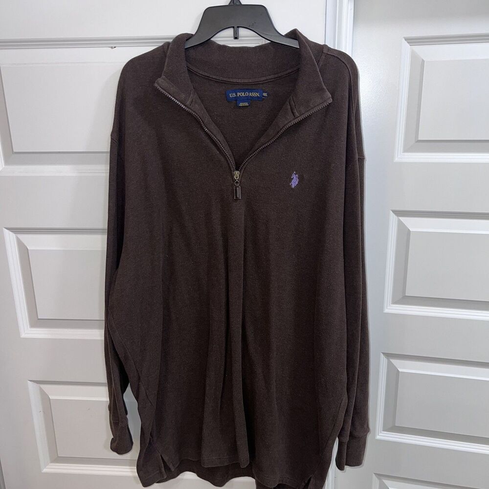 US Polo Assn Quarter Zip Pullover Mens XLT Brown Cotton Knit Pony Logo - GUC